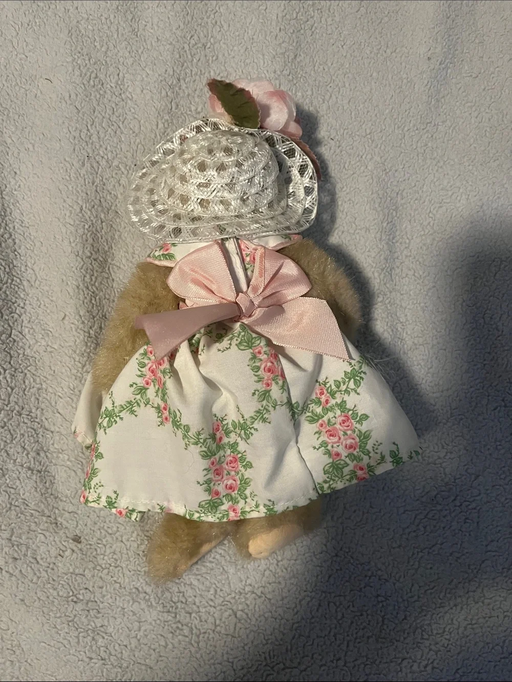 Plush Teddy in White Floral Dress and Pink Bonnet